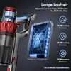 A close-up marketing image of a cordless vacuum cleaner's handle and battery pack, with text highlighting its battery life. Produktbild-Vorschau