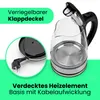 A glass electric kettle with a black handle and lid, shown with a close-up of its base and power cord. Text highlights features. Produktbild-Vorschau