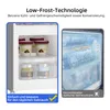 A split image showing a refrigerator compartment with food items on the left and a freezer compartment with frost on the right, illustrating different technologies. Produktbild-Vorschau