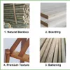 A collage of four images showcasing different aspects of bamboo products, including natural bamboo stalks, bamboo boarding, premium texture, and battening. Produktbild-Vorschau