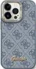 A close-up view of a blue phone case with a repeating Guess logo pattern and a gold Guess logo. Produktbild-Vorschau