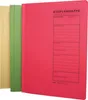Three file folders of different colors (yellow, green, and red) are shown. The red folder is open, revealing printed text and lines for filling in information. Produktbild-Vorschau