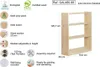 A product image showing a wooden bookshelf with various features listed on the left side. Produktbild-Vorschau
