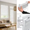 A collage showing a living room with roller blinds, a close-up of a person holding a blind mechanism, and a diagram illustrating tool-free installation. Produktbild-Vorschau