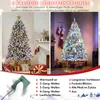 A collage showing two decorated Christmas trees, one with a snowy appearance and the other with colorful LED lights, along with a close-up of a remote control and a list of light functions. Voir les images du produit