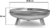 A silver metal fire pit with three legs, shown with dimensions indicated by lines and text. Produktbild-Vorschau