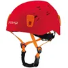 A red climbing helmet with orange straps and buckles, shown against a white background. Produktbild-Vorschau