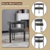 A chair is shown in a room setting, with close-up shots of the chair from different angles on the right side of the image. Text highlights the sturdy metal frame. Produktbild-Vorschau