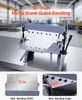 A metal sheet bending machine in a workshop setting, with close-up insets showing its specifications. Voir les images du produit