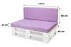 A white pallet sofa with purple cushions, shown with dimensions indicated by measurement lines and text. Produktbild-Vorschau