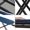 Collage of four close-up images showing details of a blue ironing board with black metal legs. Produktbild-Vorschau