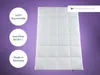 A white duvet is laid flat on a purple background, with circular text overlays on the left and a brand logo in the top right corner. Produktbild-Vorschau
