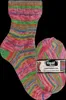 A knitted sock and a ball of yarn with the same colorful striped pattern, presented against a black background. Produktbild-Vorschau