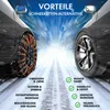 A split image showing two car tires on a snowy road. The left tire is fitted with textile snow chains, while the right tire is bare. Text highlights the advantages of the textile snow chains. Podgląd zdjęcia produktu