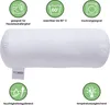 A white bolster pillow with several circular icons and text describing its features. Produktbild-Vorschau