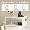 A white nightstand with a charging station, flowers, and books. Produktbild-Vorschau