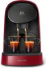 A red Philips L'Or Barista coffee machine is shown from the front, brewing coffee into two clear glass cups. Produktbild-Vorschau