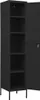 A black metal locker with its door open, showing multiple shelves inside, standing on thin legs. Náhľad obrázku produktu