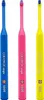 Three toothbrushes of different colors arranged vertically. Produktbild-Vorschau