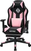 A pink and black gaming chair with a footrest and lumbar support, shown from the front on a white background. Podgląd zdjęcia produktu