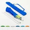 A disassembled blue umbrella with poles and a carrying case, shown with several examples of the umbrella in different colors at the bottom. Anteprima dell’immagine prodotto