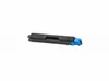 A black toner cartridge with a blue plastic component on the end, isolated on a white background. Voir les images du produit