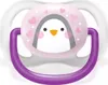 A close-up studio shot of a baby pacifier with a penguin design. Produktbild-Vorschau