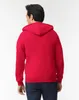 A person wearing a red hooded sweatshirt and blue jeans, shown from the back. Produktbild-Vorschau