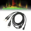 A black audio cable with USB and 3.5mm connectors is coiled on a white background, with a blurred equalizer graphic in the background. Náhled obrázku produktu