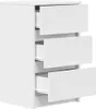 A white three-drawer nightstand is shown against a white background. Podgląd zdjęcia produktu