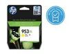 A product shot of an HP ink cartridge packaging, with a separate circular badge to the right. Náhled obrázku produktu