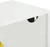Close-up of a white cabinet corner with a metal bracket and a black circular opening. Produktbild-Vorschau