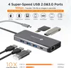 A product shot of a USB-C hub with various accessories and marketing text. Produktbild-Vorschau