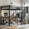 A loft bed with a desk, shelves, and clothing rack set up in a room. Podgląd zdjęcia produktu