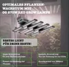 A grow lamp with multiple LED bars is shown suspended above plants, with promotional text overlaid. Produktbild-Vorschau