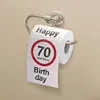 A roll of toilet paper with a birthday message printed on it, hanging on a toilet paper holder. Produktbild-Vorschau