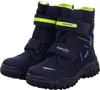 A pair of navy blue children's winter boots with neon green accents and blue detailing. Produktbild-Vorschau
