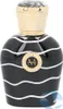 A black perfume bottle with white wavy stripes and a gold cap. Anteprima dell’immagine prodotto