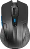 A top-down view of a black wireless computer mouse with blue accents. Produktbild-Vorschau