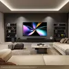 A modern living room with a large TV displaying abstract art, a soundbar, shelves with decor, and comfortable seating. Voir les images du produit