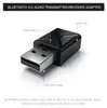 A close-up shot of a black Bluetooth 5.0 audio transmitter/receiver adapter with labels pointing to its features. Produktbild-Vorschau
