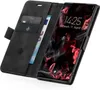 A black flip-style phone case with a phone inside, showing the lock screen. Produktbild-Vorschau