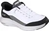 A single white and black Skechers slip-on sneaker is shown from a side-front angle against a white background. Voir les images du produit