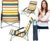 A collage of a striped camping chair and a woman pointing to it. Produktbild-Vorschau