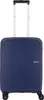 A blue American Tourister suitcase with a retractable handle and wheels, shown from the front against a white background.