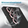 A close-up of a smartphone camera lens protector set with decorative stones, with water splashing around it. Produktbild-Vorschau