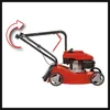 A red lawnmower is shown from the side against a white background. A red arrow indicates a rotational movement of the handle. Produktbild-Vorschau