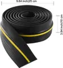 A coiled black rubber garage door seal with yellow stripes, with dimensions indicated. Voir les images du produit