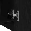 A close-up view of a metal hinge attached to a black wooden cabinet. Produktbild-Vorschau