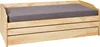 A wooden bed frame with a gray mattress on a white background. Produktbild-Vorschau